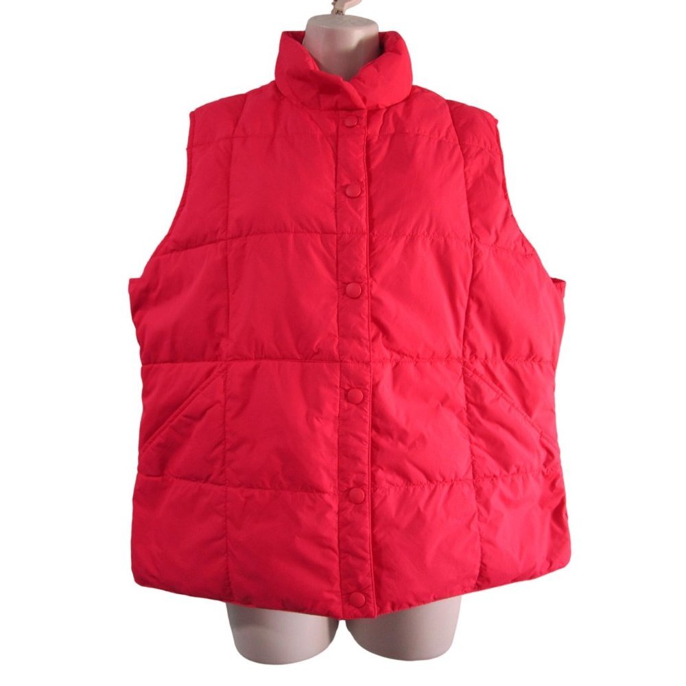 Lipstick Red Down Feather Quilted Puffer Vest Lands End Large Snap Up GUC